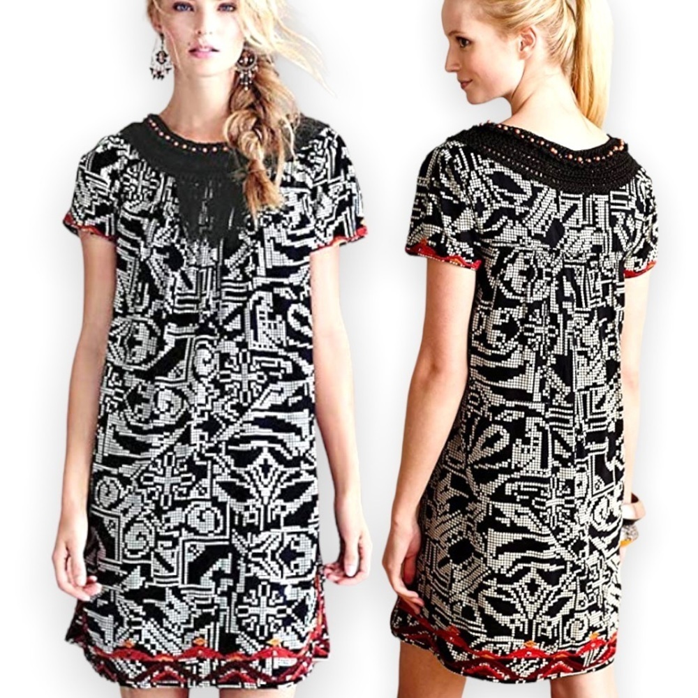 Anthropologie Floreat Abelia Beaded Crochet Embroidered Fringed Aztec Dress Boho